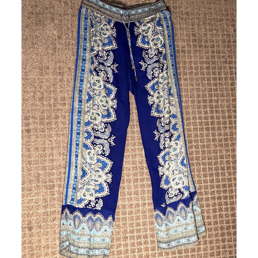 Rose & Thyme Rayon pants blue pattern Womens M Boho wide leg pull on drawstring